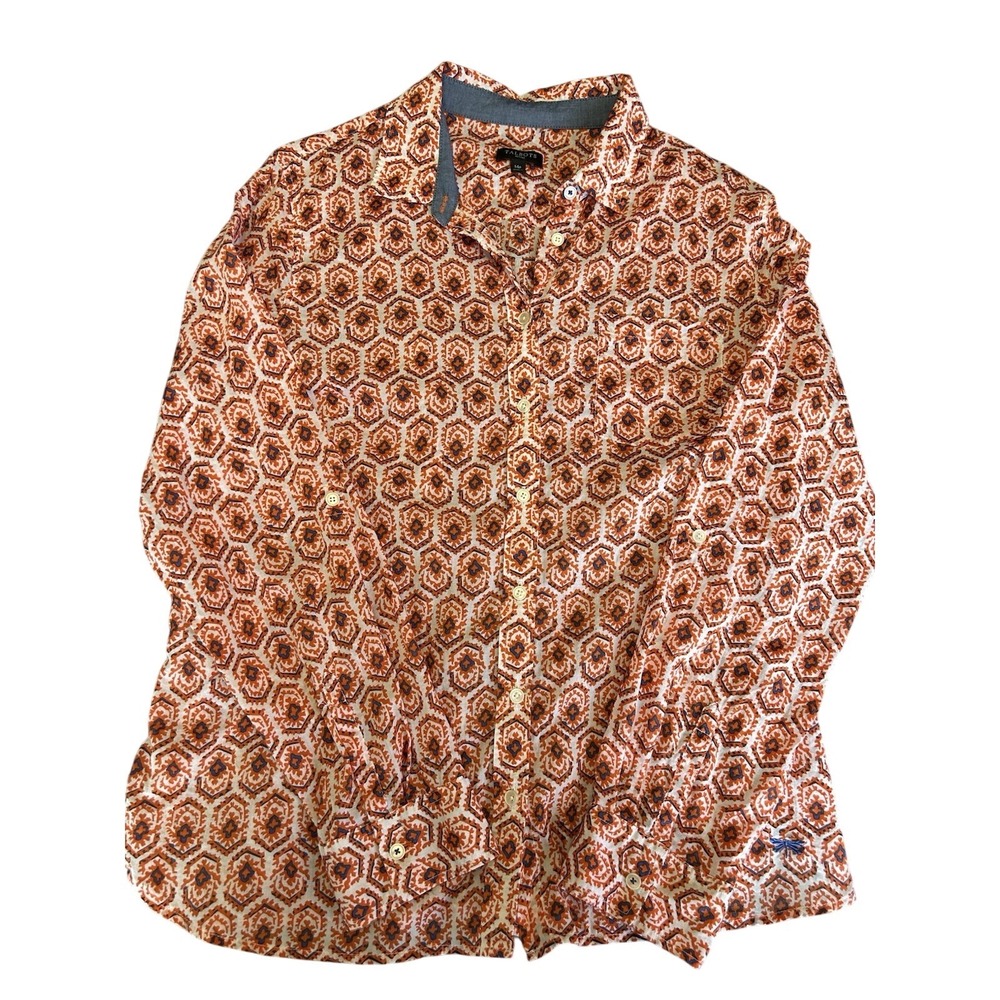 Talbots Petite Orange Blue Geometric Medallion Print Cotton Button Down 14P
